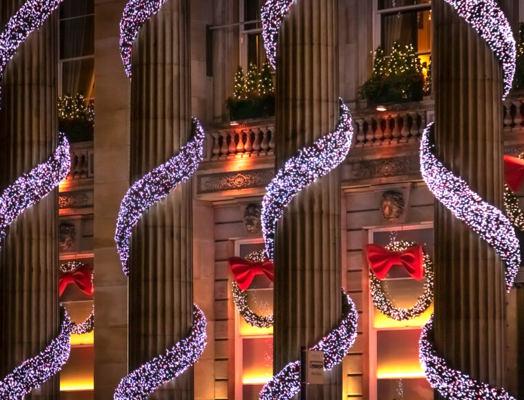 Christmas Lights wrapped around pillars in Edinburgh